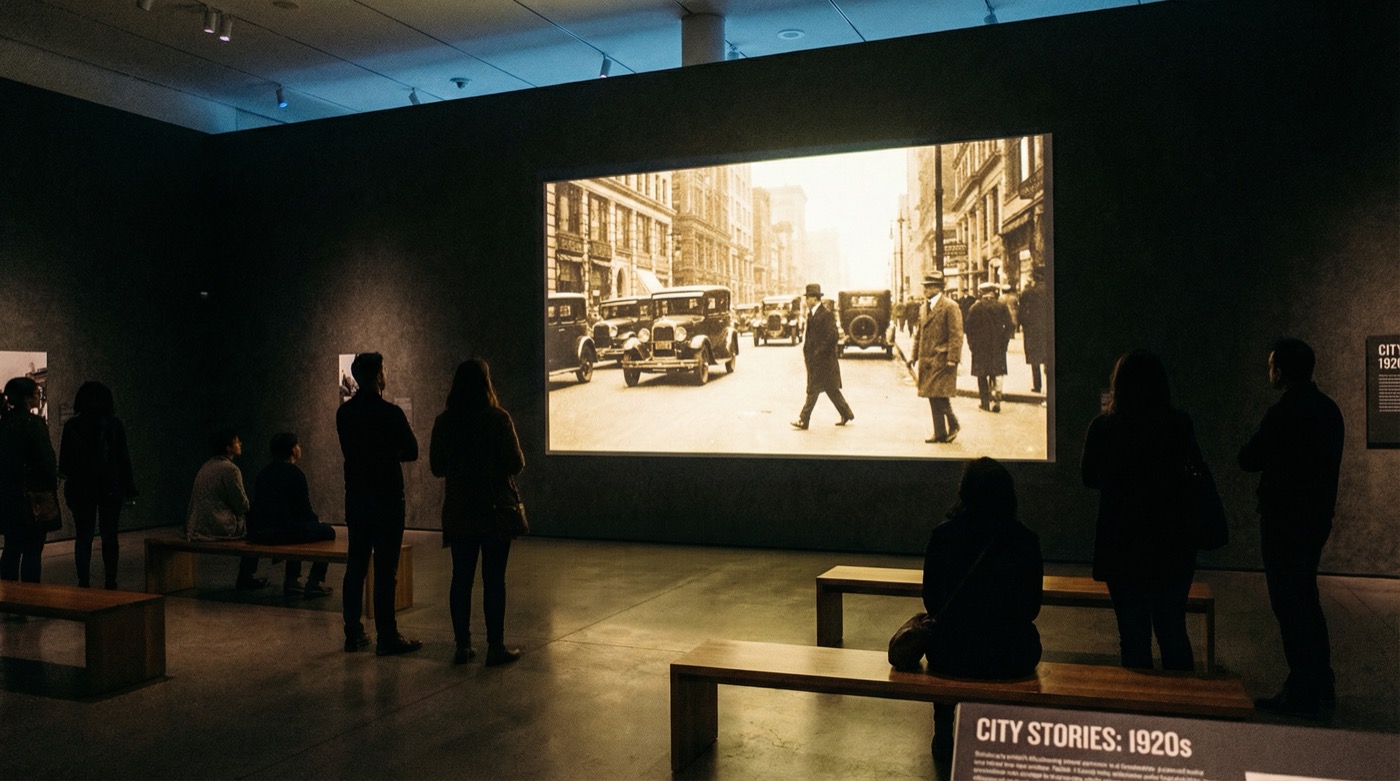 Nowoczesne muzeum z projekcją archiwalnych fotografii