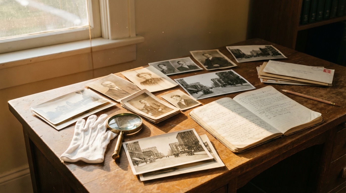 Archiwalne fotografie na biurku